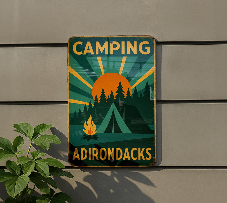 a sign on the side of a building that says camping adirondacks