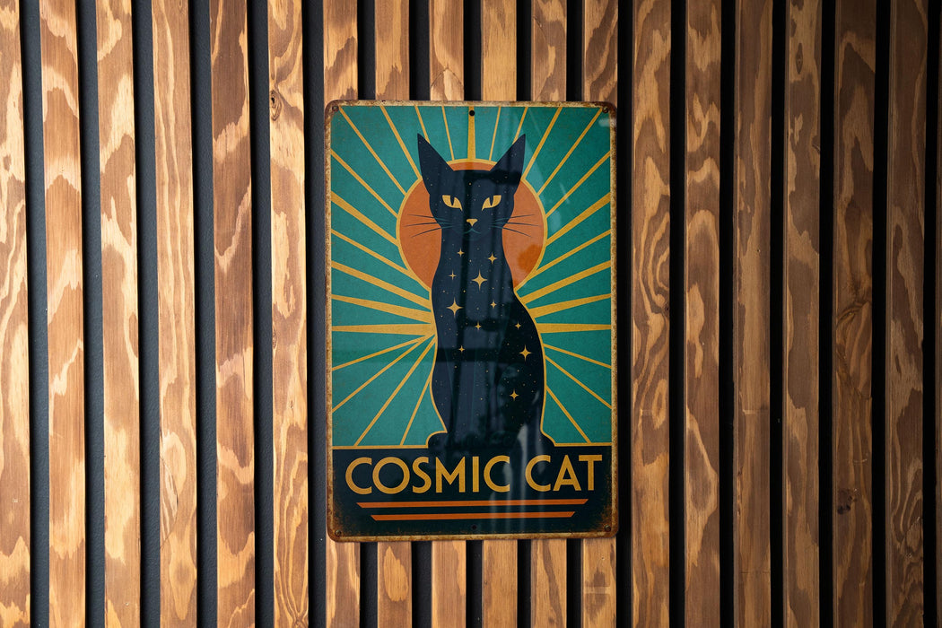 a sign on a wooden wall that says cosmic cat