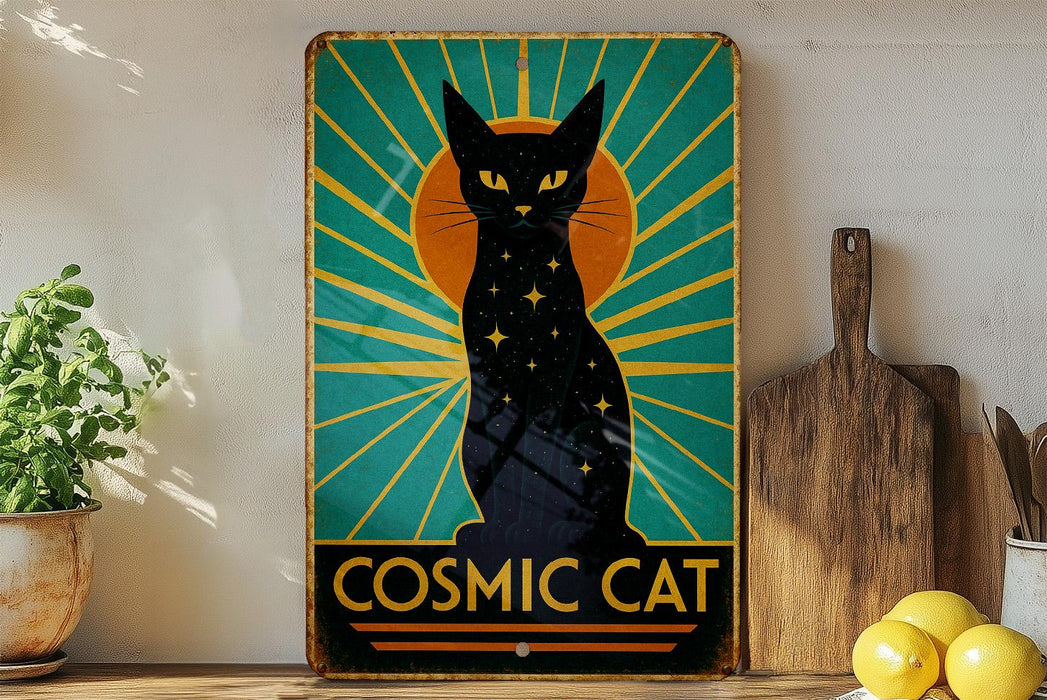 a picture of a black cat sitting on a shelf