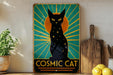 a picture of a black cat sitting on a shelf