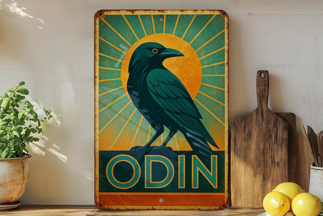 a painting of a crow sitting on top of a sign