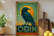 a painting of a crow sitting on top of a sign