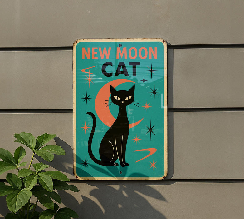 a black cat sitting on top of a blue sign