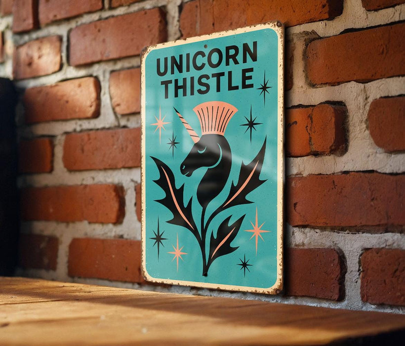 a sign on a brick wall that says unicorn thistle