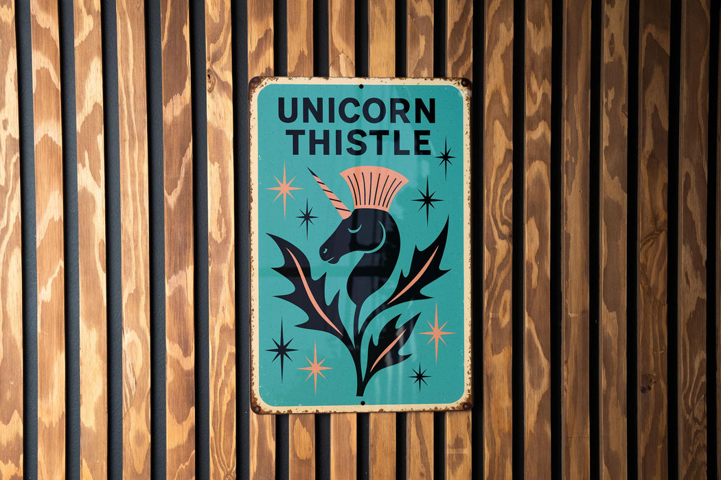 a sign on a wooden wall that says unicorn thistle