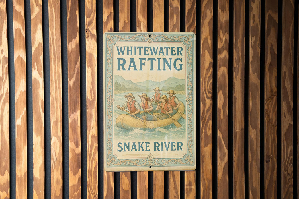 a sign on the side of a building that says whitewater rafting snake river