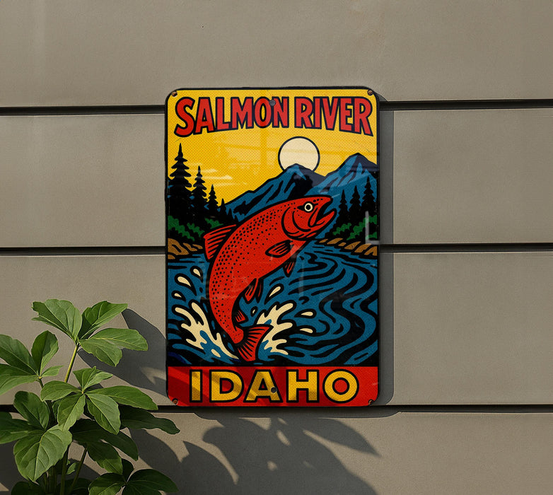 a sign on the side of a building that says salmon river idaho