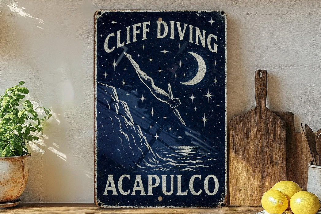 a picture of a sign that says cliff diving acapuloo
