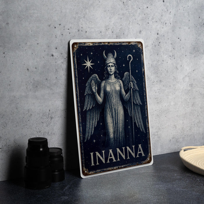 Celestial Inanna Metal Sign – Midnight Blue Goddess Wall Art, Indigo Starry Sky, Silver Accents, Vintage Tin Decor