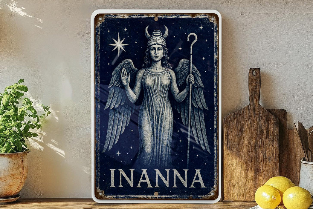 a metal sign with an angel holding a staff