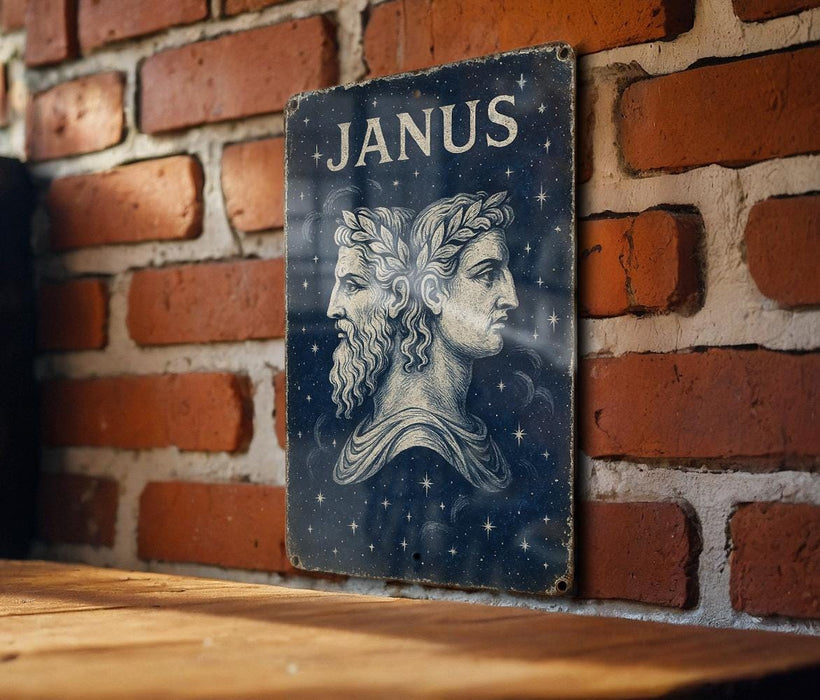 a picture of janus on a brick wall