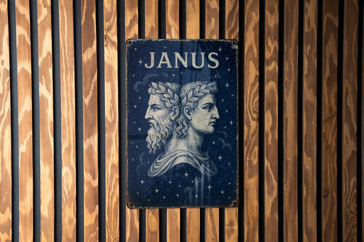 a picture of janus on a wooden wall