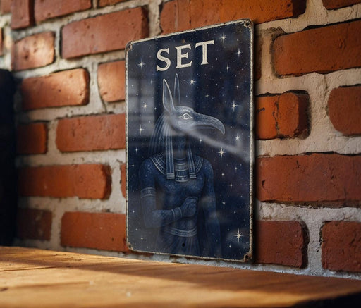 a sign on a brick wall that says set