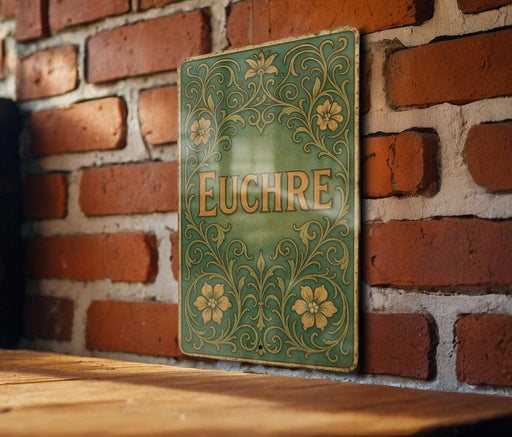 a wooden table sitting next to a brick wall