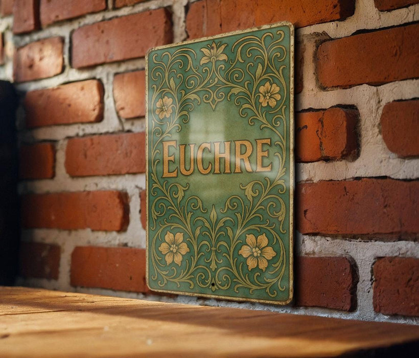 a wooden table sitting next to a brick wall