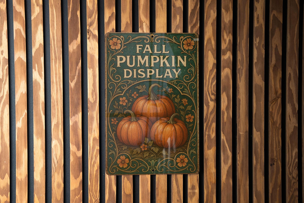 a sign on a wooden wall that says fall pumpkin display