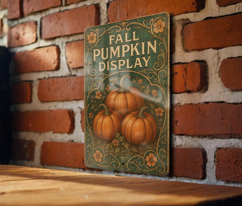 a sign on a brick wall that says fall pumpkin display