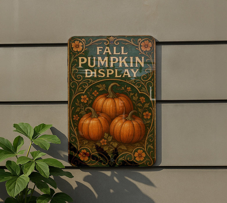 a sign on the side of a building that says fall pumpkin display