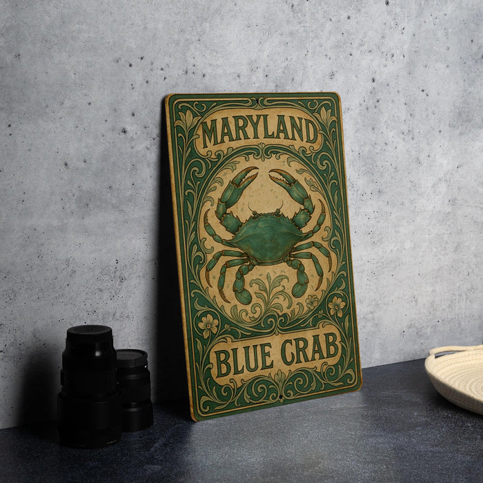 a blue crab sign sitting on top of a table