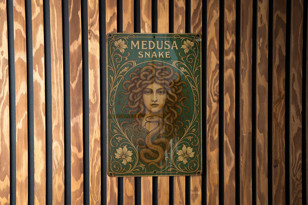 a picture of medusa snake on a wooden wall