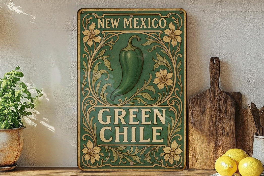 a green chili sign sitting on top of a wooden shelf