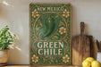 a green chili sign sitting on top of a wooden shelf