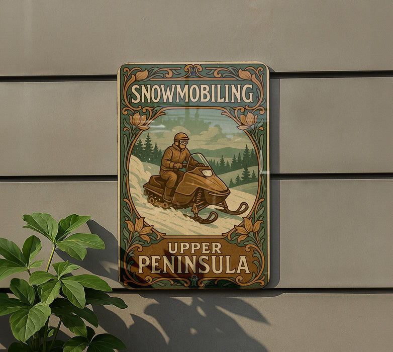 a snowmobiling sign hanging on the side of a building