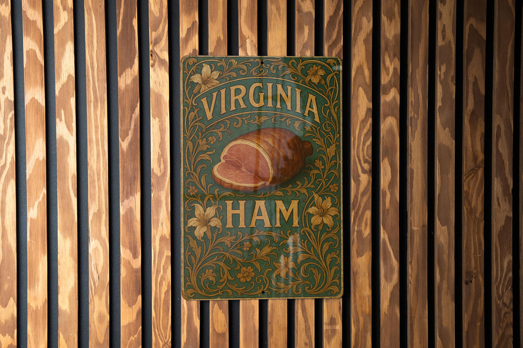 a sign on a wooden wall that says virginia ham