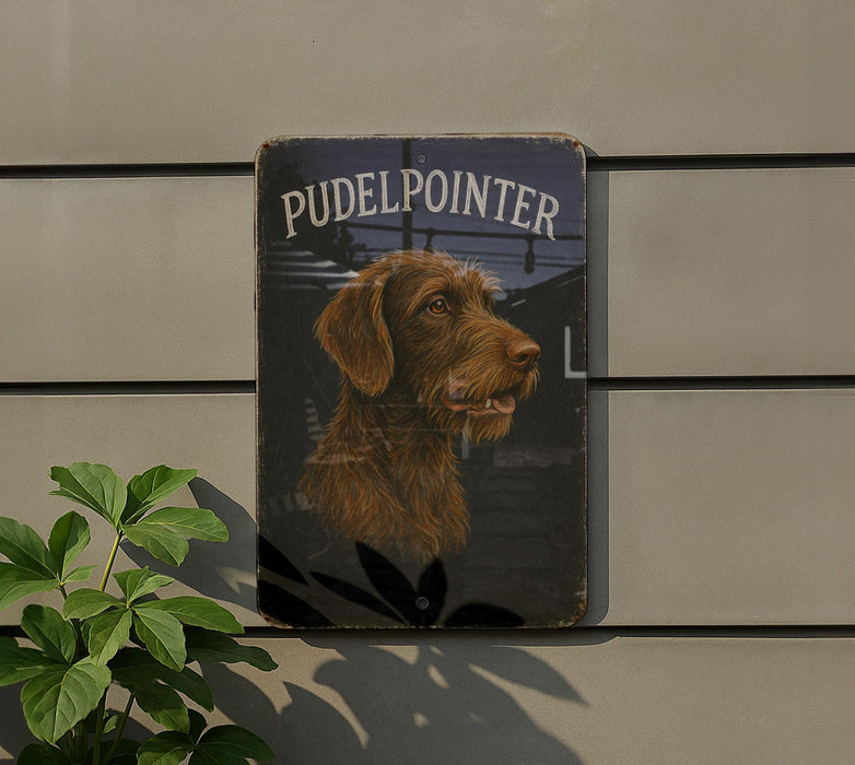 a picture of a dog on a sign on a wall