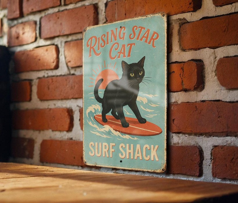 a picture of a cat on a surfboard on a brick wall