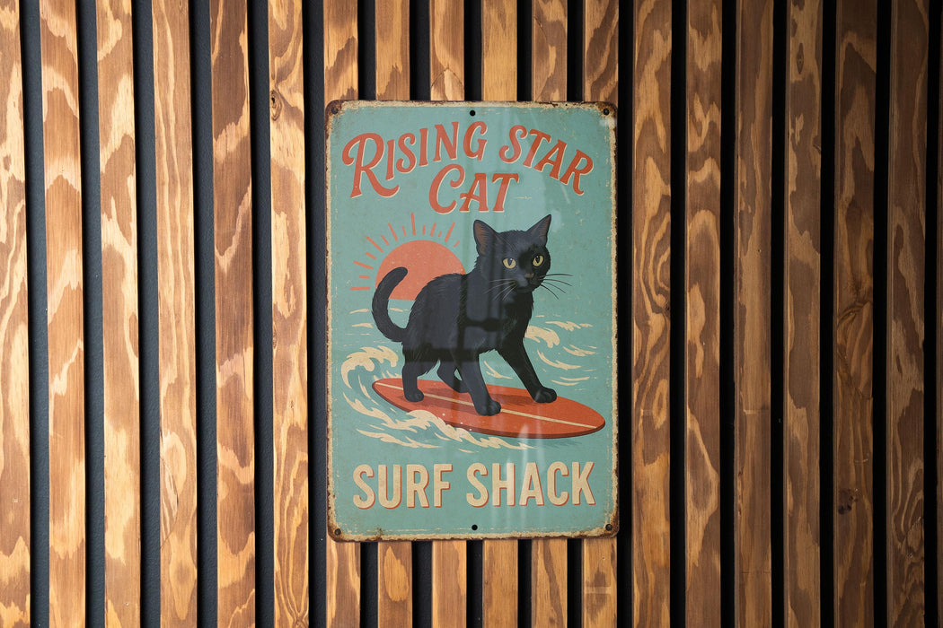 a sign on a wooden wall that says rising star cat surf shack