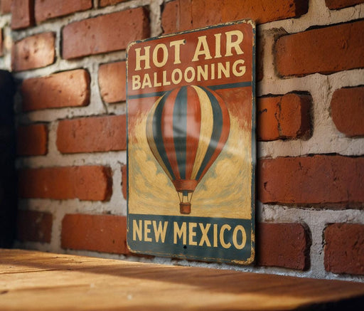 a hot air balloon sign on a brick wall