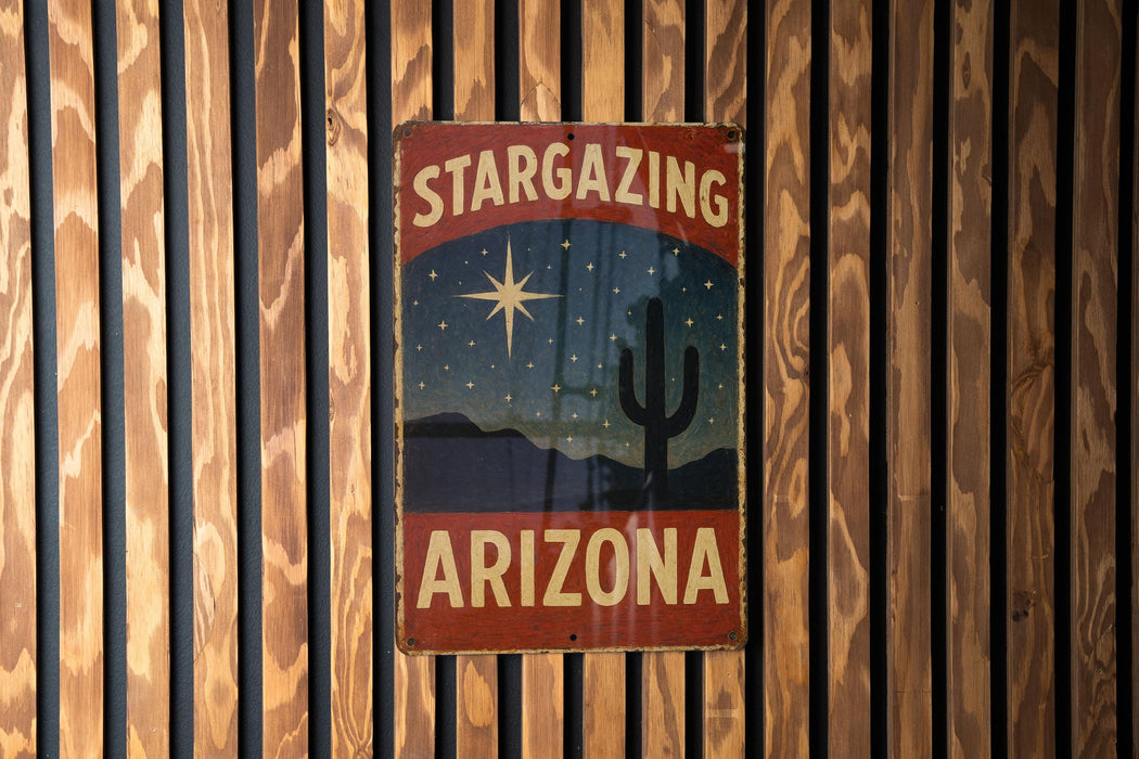 a sign on a wooden wall that says stargazing arizona