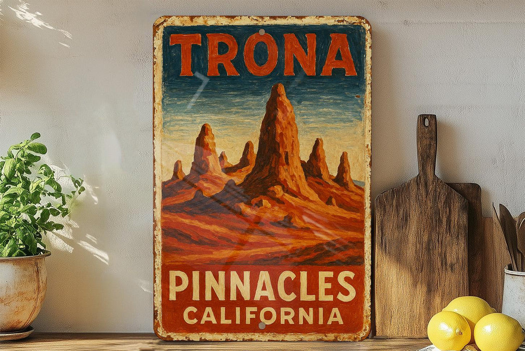 a picture of a sign that says trona pinnacles california