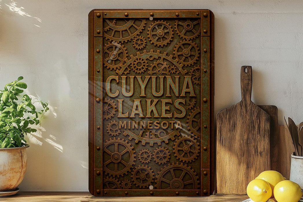 a metal sign on a shelf next to a potted plant