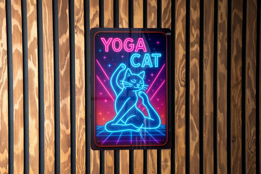 a neon sign on a wooden wall that says yoga cat