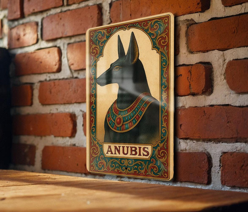 a picture of anubis on a brick wall