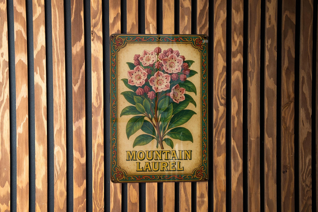 a wooden wall with a sign and flowers on it
