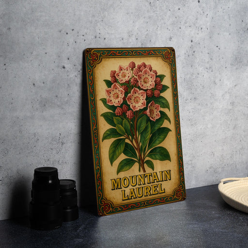 a picture of a mountain laurel sign on a table