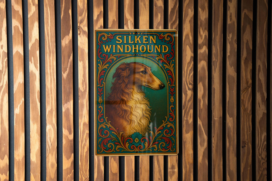 a picture of a dog on a wooden wall