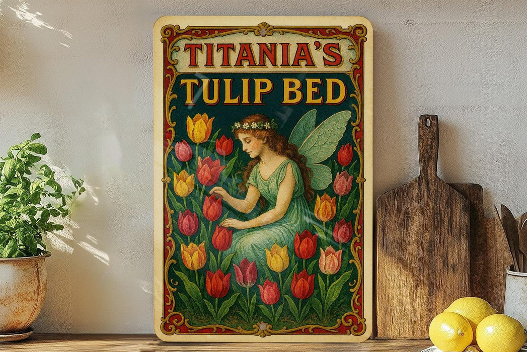 a painting of a fairy sitting on a bed of tulips