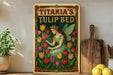 a painting of a fairy sitting on a bed of tulips