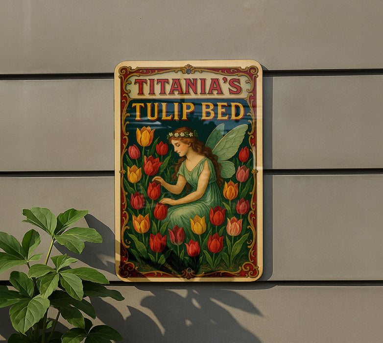 a tin sign with a fairy sitting on a bed of tulips