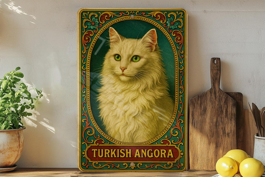 a painting of a white cat with green eyes