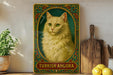 a painting of a white cat with green eyes
