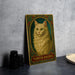 a picture of a cat with green eyes on a table