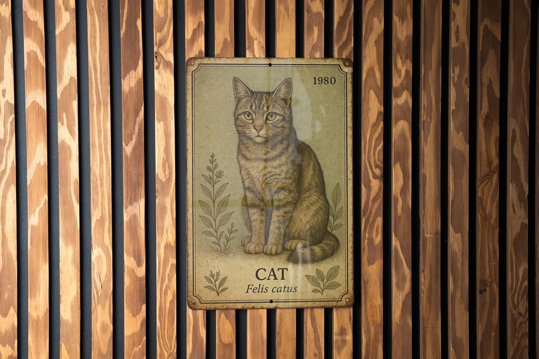 a picture of a cat on a wooden wall