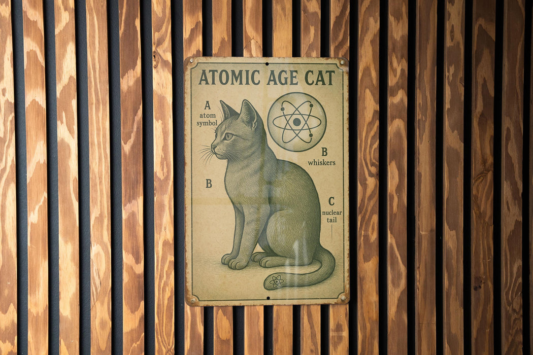 a sign on a wooden wall that says atomic age cat