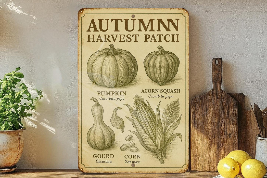 a vintage poster of autumn harvest patches on a shelf