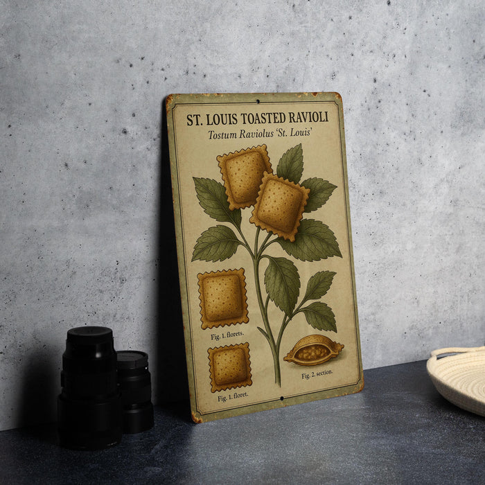 a vintage st louis tarted ravioli sign next to a pair of binoculars